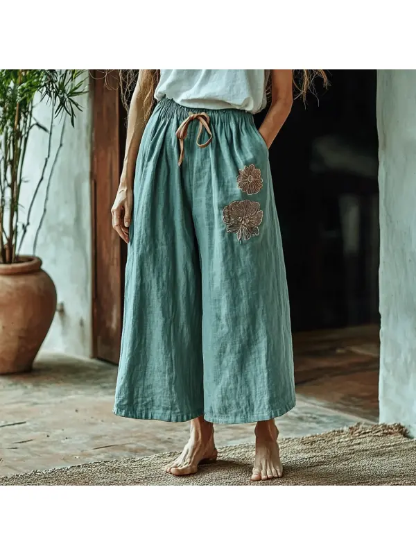 Women's Linen Breathable Wide-leg Ethnic Floral Cropped Pants - Cominbuyshop.com 