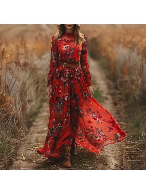 Retro V-neck Floral Women's Long-sleeved Long Skirt Country Pastoral Retro Dress - Machoup.com 