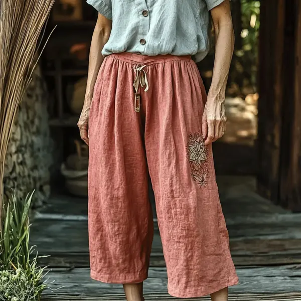 Women's Linen Bohemian Floral Wide-leg Trousers - Trisunshine.com 