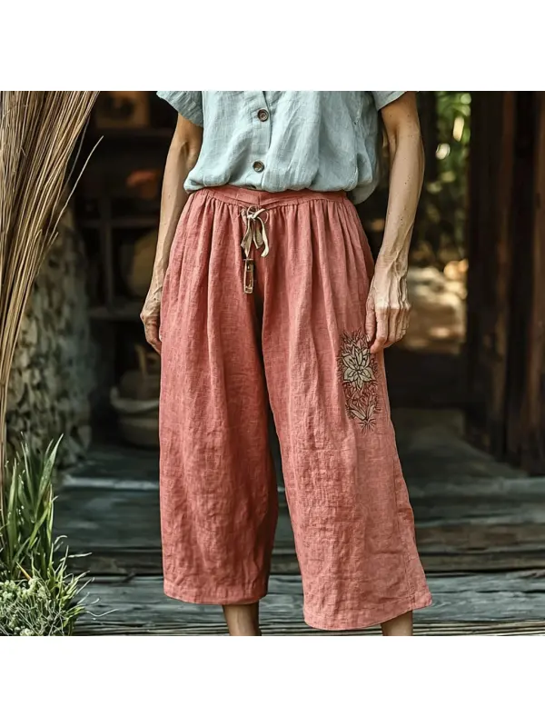 Women's Linen Bohemian Floral Wide-leg Trousers - Viewbena.com 