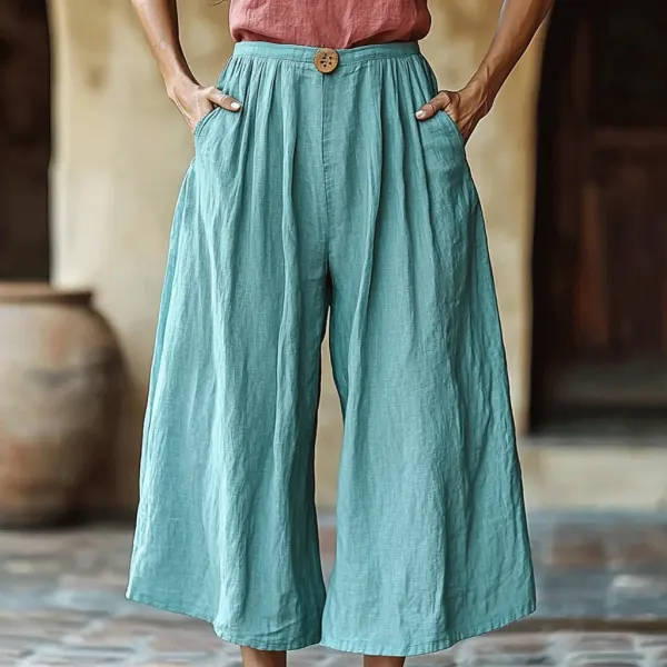 Women's Solid Linen Cropped Wide-leg Casual Pants - Trisunshine.com 