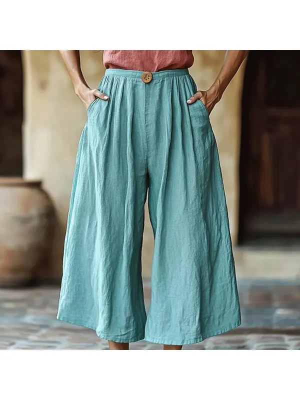 Women's Solid Linen Cropped Wide-leg Casual Pants - Viewbena.com 