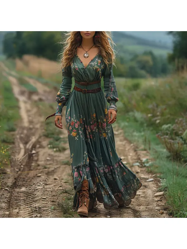 Retro V-neck Floral Women's Long-sleeved Long Skirt Country Pastoral Retro Dress - Viewbena.com 