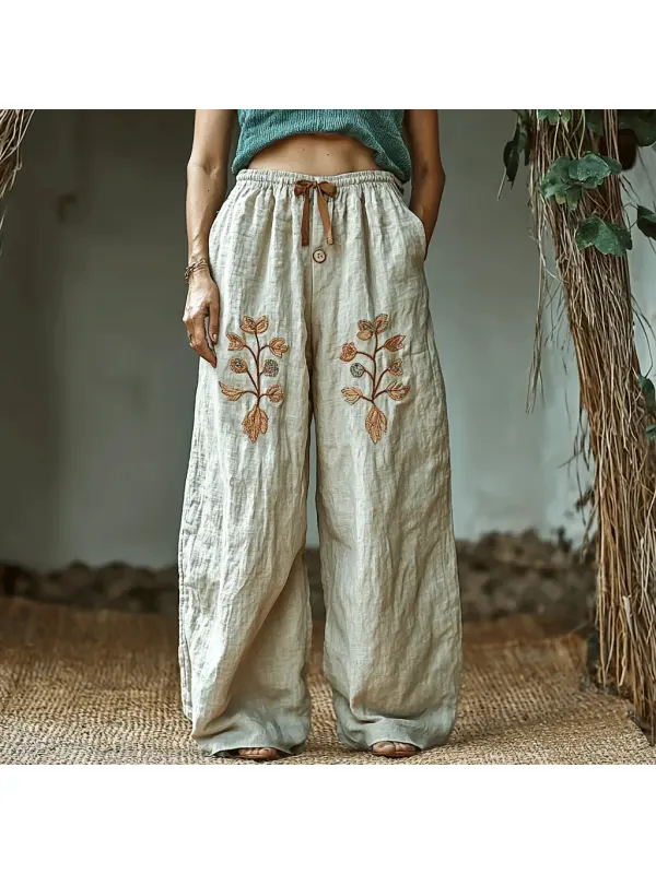 Women's Linen Bohemian Leaf Casual Harem Pants - Realyiyi.com 