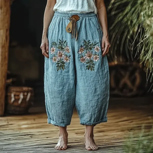 Women's Linen Bohemian Floral Harem Pants - Yiyistories.com 