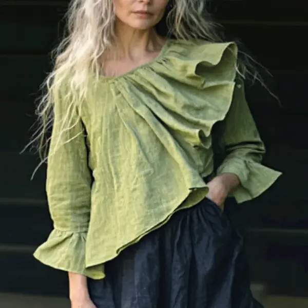 Women's Casual Linen Ruffled Casual Simple Shirt - Yiyistories.com 