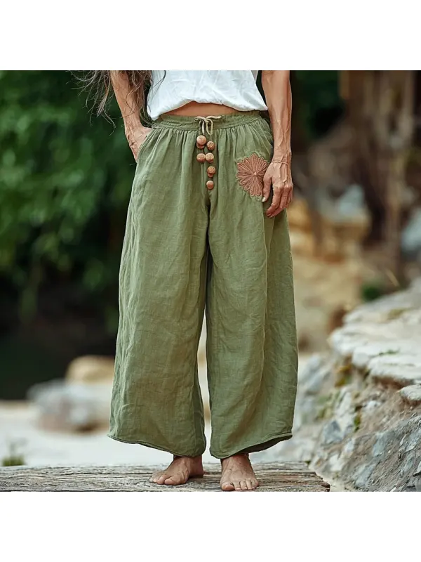 Women's Linen Breathable Wide-leg Casual Cropped Pants - Realyiyi.com 