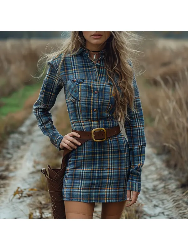 Women's Retro Plaid Long-sleeved Shirt Short Dress Pastoral Denim Sexy Long-sleeved Dress Autumn And Winter Retro Dress - Viewbena.com 