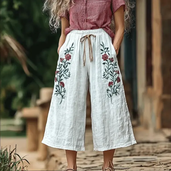 Women's Linen Bohemian Floral Wide-leg Pants - Salolist.com 