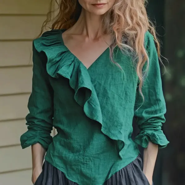 Women's Casual Linen Asymmetric Ruffle Simple Shirt - Yiyistories.com 