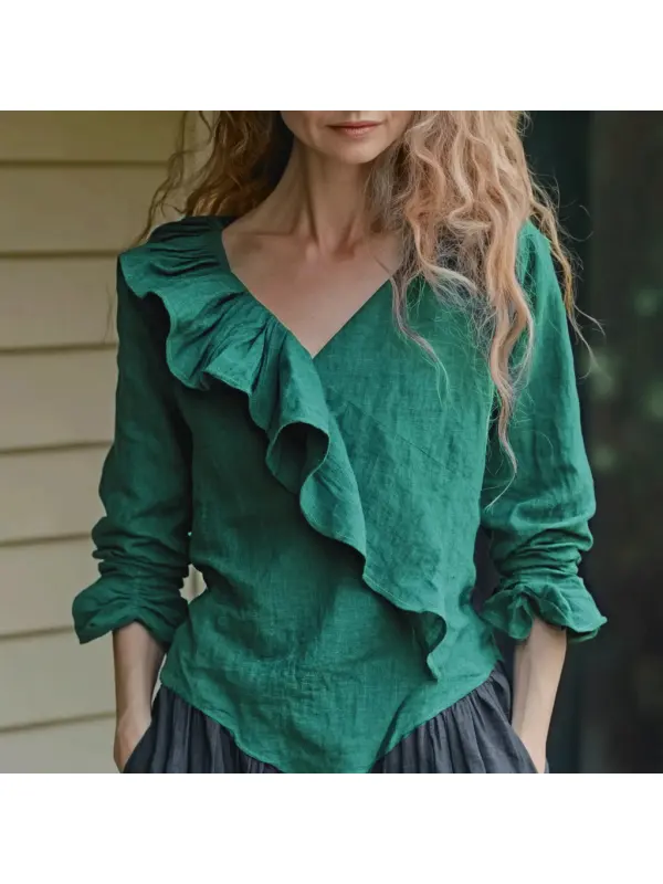 Women's Casual Linen Asymmetric Ruffle Simple Shirt - Geocici.com 