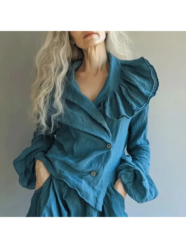 Women's Casual Linen Asymmetric Ruffle Casual Shirt - Ootdmw.com 