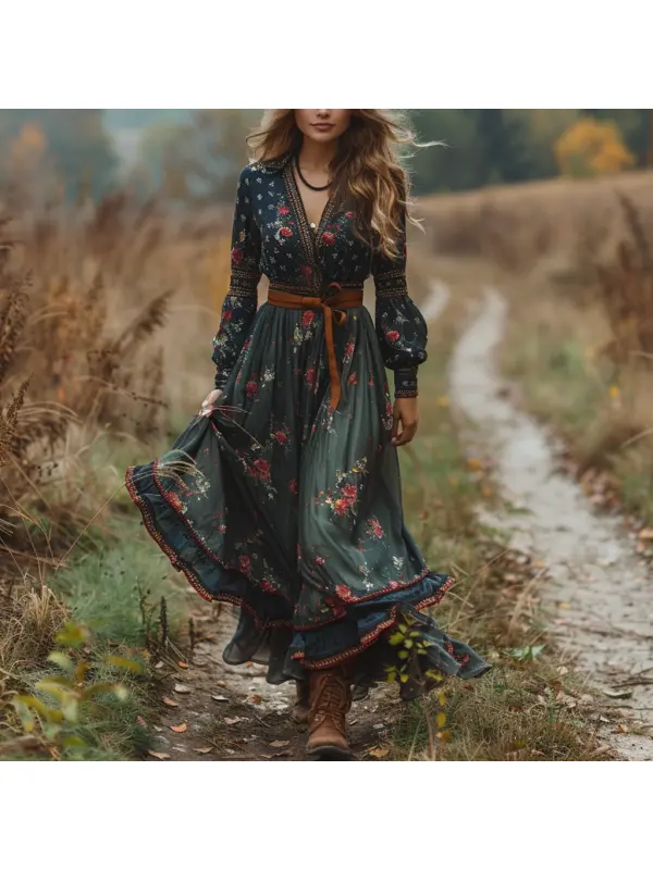 Retro V-neck Floral Women's Long-sleeved Long Skirt Country Pastoral Retro Dress - Realyiyishop.com 