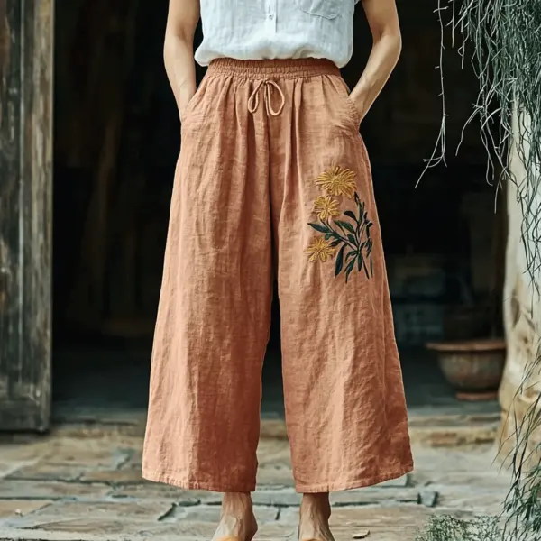 Women's Linen Bohemian Cropped Wide-leg Simple Casual Cropped Pants - Trisunshine.com 