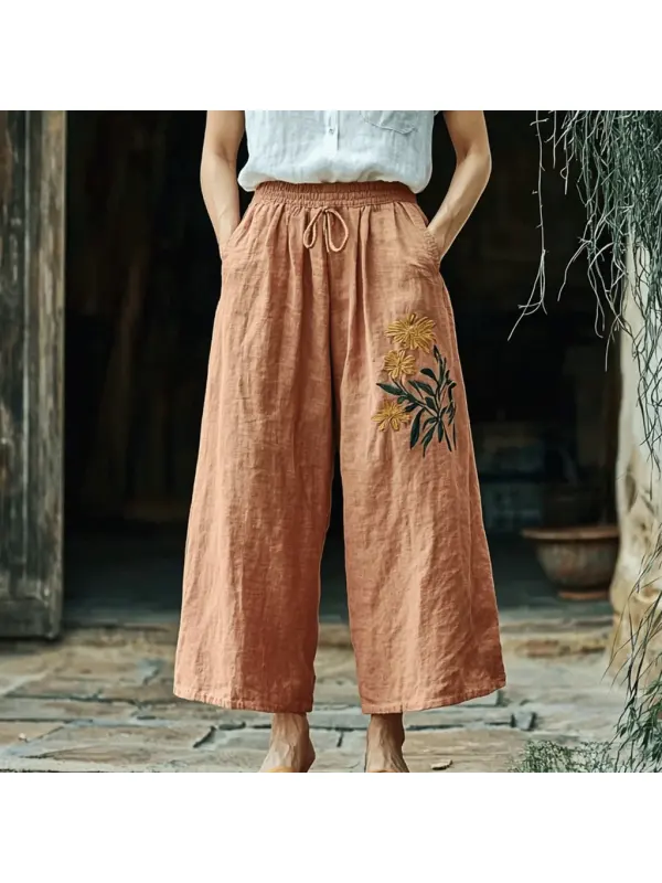 Women's Linen Bohemian Cropped Wide-leg Simple Casual Cropped Pants - Realyiyishop.com 