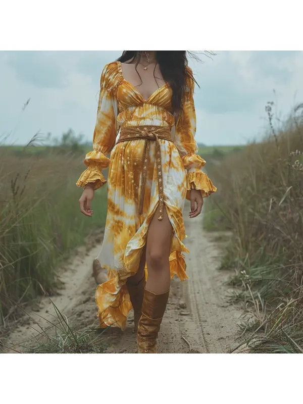 Retro V-neck Zharan Women's Long-sleeved Long Skirt Bohemian Pastoral Style Tie-dye V-neck Dress Sexy Long Skirt - Viewbena.com 