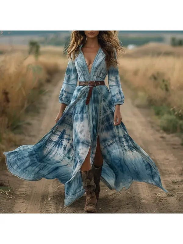 Retro V-neck Tie-dye Women's Long-sleeved Dress Bohemian Pastoral Style Tie-dye V-neck Dress Sexy Long Dress - Realyiyishop.com 