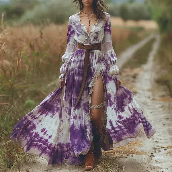 Retro V-neck Zharan Women's Long-sleeved Long Skirt Bohemian Pastoral Style Tie-dye V-neck Dress Sexy Long Skirt - Dozenlive.com 