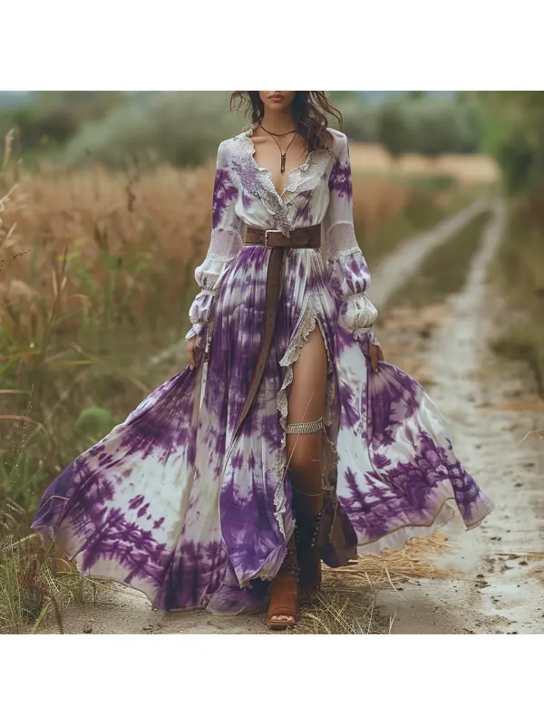 Retro V-neck Zharan Women's Long-sleeved Long Skirt Bohemian Pastoral Style Tie-dye V-neck Dress Sexy Long Skirt - Viewbena.com 