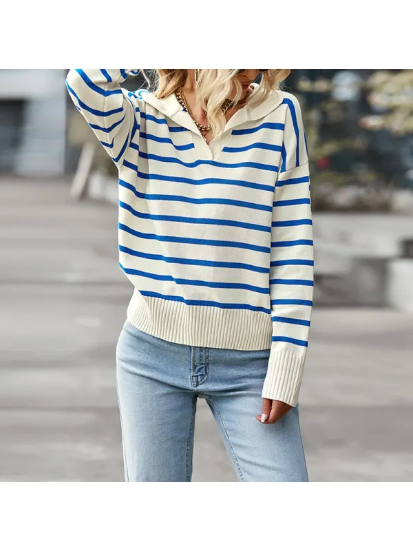 Women's Casual Lapel Striped Sweater - Cominbuy.com 