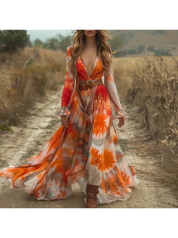 Retro V-neck Zharan Women's Long-sleeved Long Skirt Bohemian Pastoral Style Tie-dye V-neck Dress Sexy Long Skirt - Cominbuy.com 