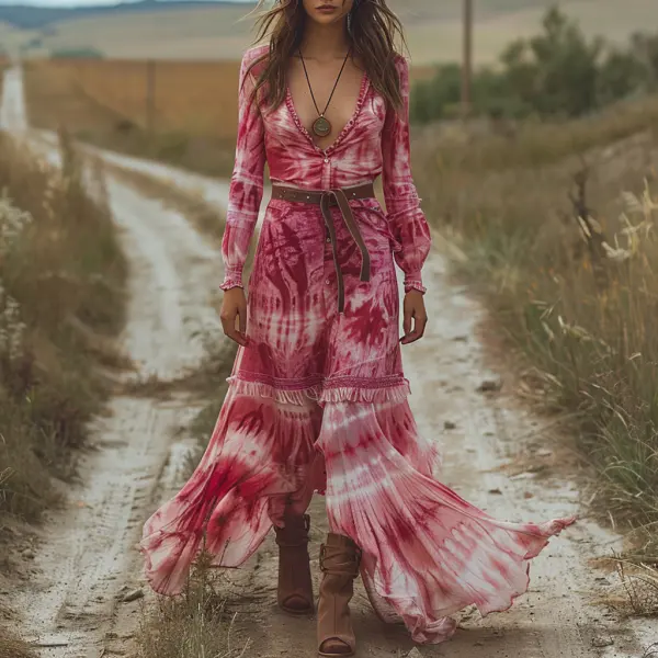 Retro V-neck Zharan Women's Long-sleeved Long Skirt Bohemian Pastoral Style Tie-dye V-neck Dress Sexy Long Skirt - Dozenlive.com 