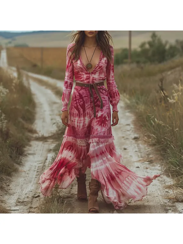 Retro V-neck Zharan Women's Long-sleeved Long Skirt Bohemian Pastoral Style Tie-dye V-neck Dress Sexy Long Skirt - Realyiyishop.com 