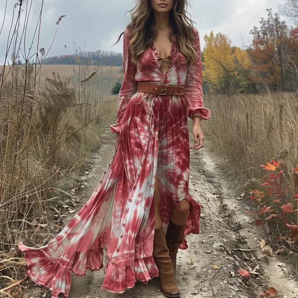 Retro V-neck Tie-dye Women's Long-sleeved Dress Bohemian Pastoral Style Tie-dye V-neck Dress Sexy Long Dress - Anurvogel.com 