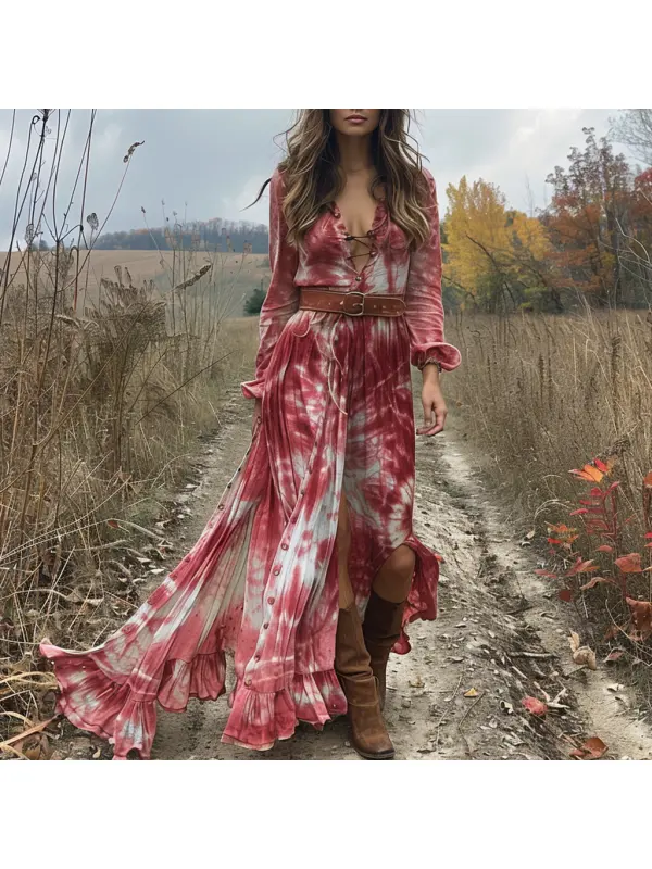 Retro V-neck Tie-dye Women's Long-sleeved Dress Bohemian Pastoral Style Tie-dye V-neck Dress Sexy Long Dress - Viewbena.com 