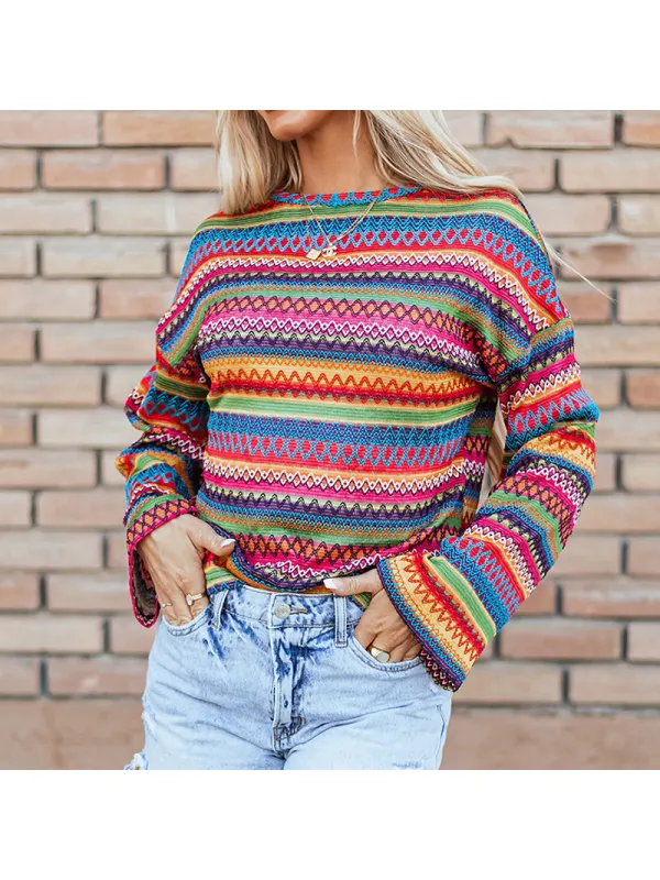 Colorful Striped Long-sleeved Top - Cominbuy.com 