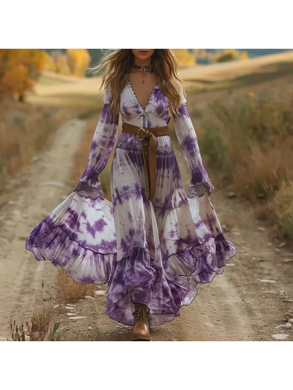 Retro V-neck Zharan Women's Long-sleeved Long Skirt Bohemian Pastoral Style Tie-dye V-neck Dress Sexy Long Skirt - Viewbena.com 