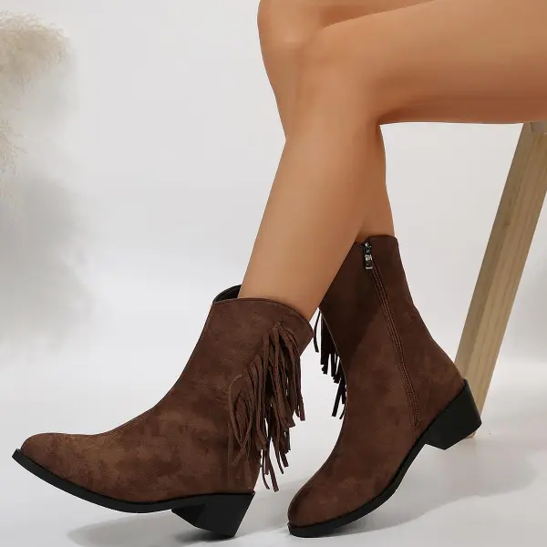 Women's Vintage Tassel Pointed Toe Thick Heel Western Cowboy Boots - Cotosen.com 