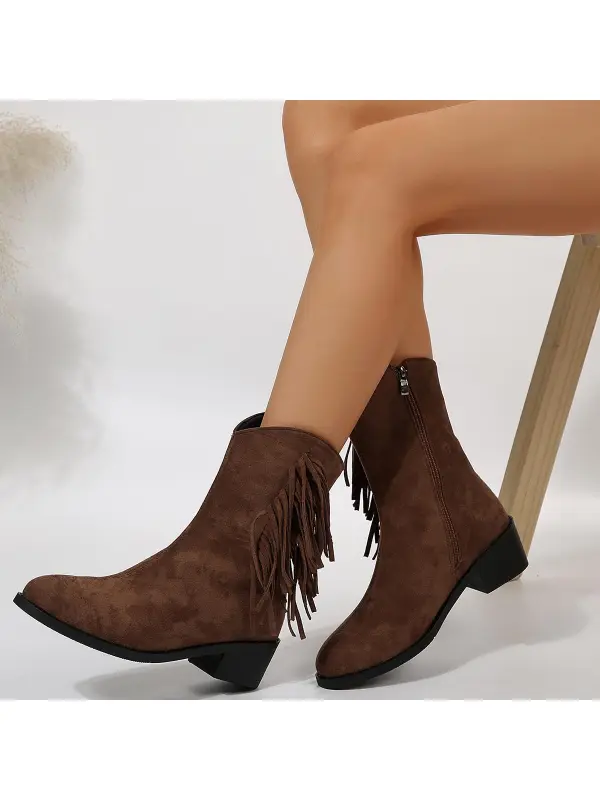 Women's Vintage Tassel Pointed Toe Thick Heel Western Cowboy Boots - Cominbuy.com 