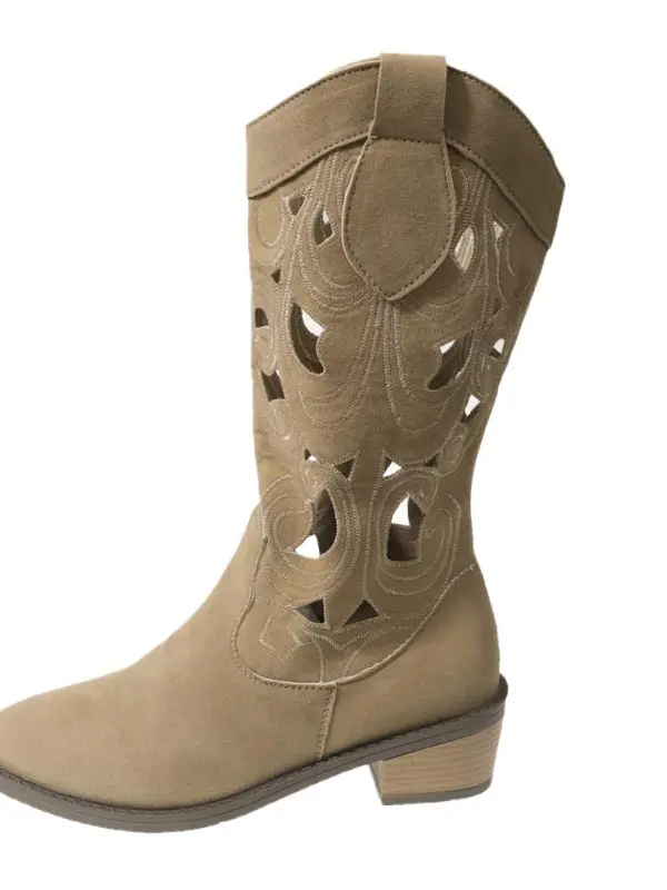 Women's Ethnic Style Trendy Hollow Embroidered Breathable V-neck Western Cowboy Boots - Wantbright.com 
