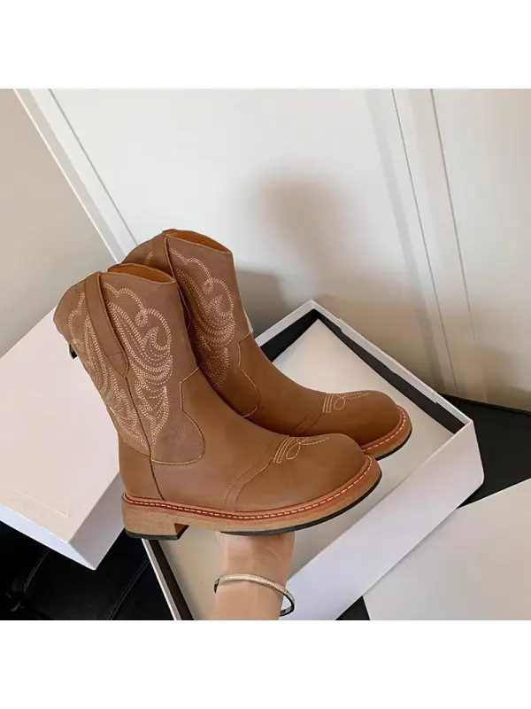 Women's Vintage Western Cowboy Soft Leather British Style Embroidered Short Boots - Cominbuy.com 