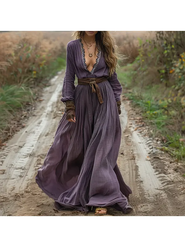 Retro Linen Women's Long-sleeved Long Skirt Pastoral Style Linen Dress - Realyiyishop.com 