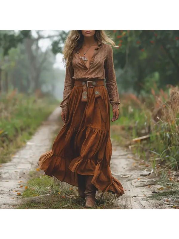 Retro V-neck Linen Women's Long-sleeved Long Skirt Pastoral Style Leopard Print Linen Dress - Realyiyishop.com 