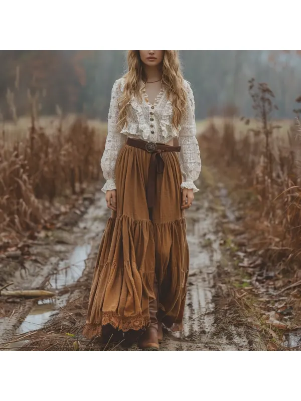 Retro V-neck Lace Linen Women's Long-sleeved Long Skirt Pastoral Style Linen Dress - Viewbena.com 