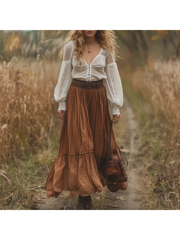 Retro V-neck Lace Linen Women's Long-sleeved Long Skirt Pastoral Style Linen Dress - Cominbuy.com 