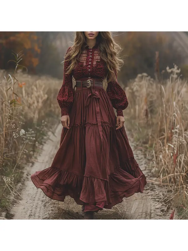 Retro Linen Women's Long-sleeved Long Skirt Pastoral Style Leopard Print Linen Dress - Viewbena.com 