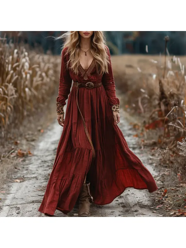 Retro V-neck Linen Women's Long-sleeved Long Skirt Pastoral Style Leopard Print Linen Dress - Cominbuy.com 