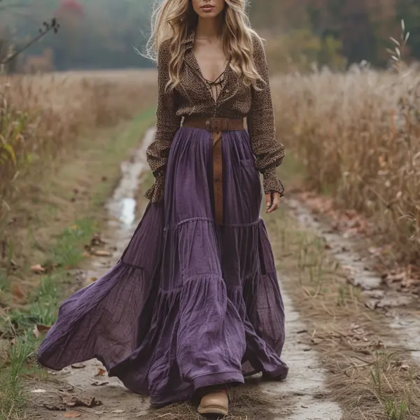 Retro Linen Women's Long-sleeved Long Skirt Pastoral Style Leopard Print Linen Dress - Ootdyouth.com 