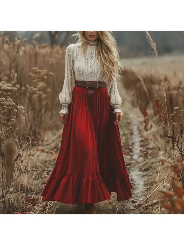 Retro V-neck Lace Linen Women's Long-sleeved Long Skirt Pastoral Style Linen Dress - Realyiyishop.com 