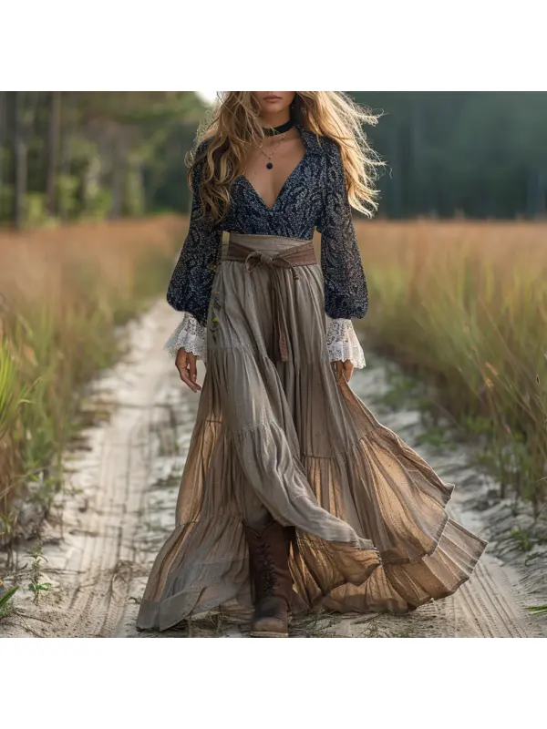Retro V-neck Linen Women's Long-sleeved Long Skirt Pastoral Style Leopard Print Linen Dress - Viewbena.com 