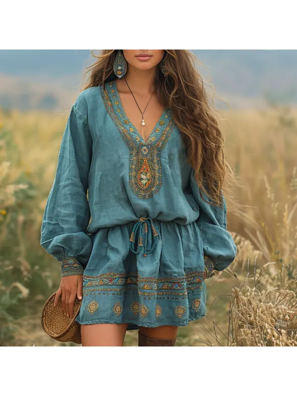 Women's Retro Ethnic Style Large Silhouette Comfortable And Breathable Dress - Viewbena.com 