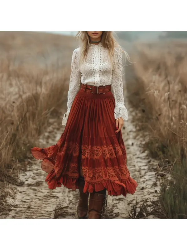 Retro V-neck Lace Linen Women's Long-sleeved Long Skirt Pastoral Style Linen Dress - Realyiyishop.com 