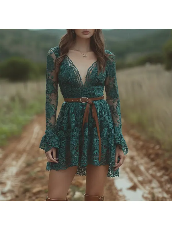 V-neck Retro Lace Sexy Short Dress - Viewbena.com 