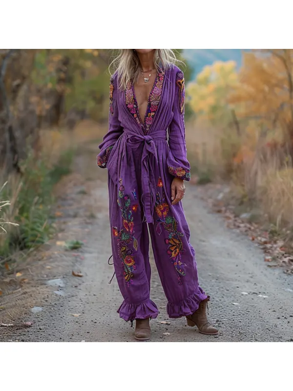 Vintage Ethnic Print V-neck Jumpsuit - Realyiyi.com 