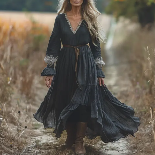 Vintage V-neck Linen Long-sleeve Dress - Spiretime.com 