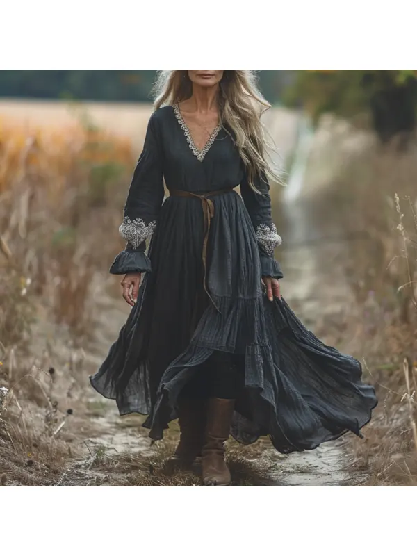 Vintage V-neck Linen Long-sleeve Dress - Realyiyi.com 